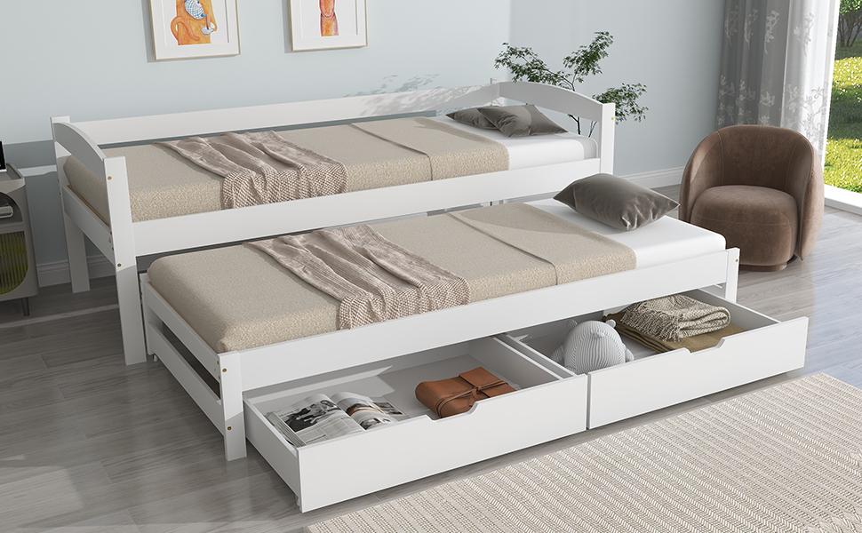 [29596364WAA] Cama de Dia, Cama de Solteiro e Casal, Cama Auxiliar com Rodízios por Baixo, com 2 Gavetas de MDF, Estrutura de Madeira Maciça, Branco (200x90cm/190x90cm)