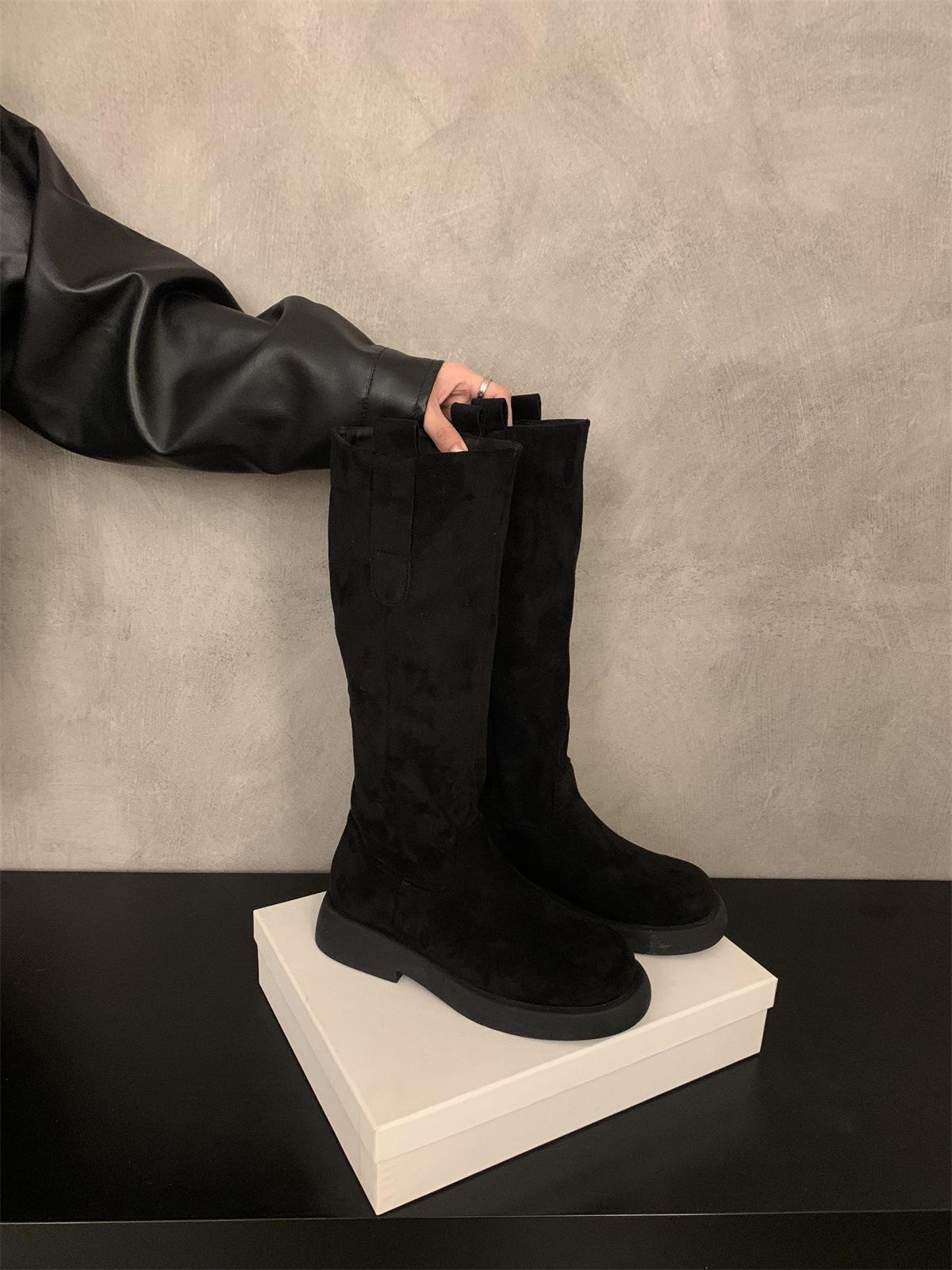 

Хаки женские замшевые ретро высокие сапоги 2025 весна и осень зима но до колена на толстой подошве ботинки Мартин сапоги с напуском 40 чёрный