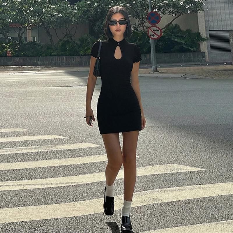 European Style 2026 Spring Sexy Slimming Short Sleeve Hollow Bodycon Dress