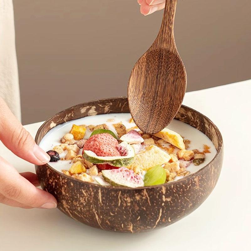 Coconut Shell Bowl Natural Old Coconut Shell Wooden Rice Bowl Spoon Fruit Product Dining Salad Storage Bowl Kitchen Tableware