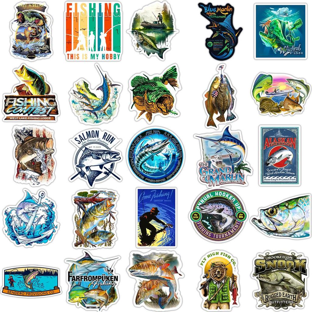 50pcs Fishing Stickers Saltwater Lure Sailing Boat Decals Waterproof Vinyl For Tackle Box Cooler Luggage Angler Gift