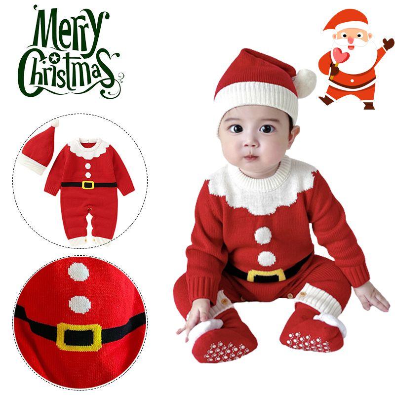 Adorable Christmas Baby Knitted Romper Jumpsuit Outfit W/ Santa Claus Sweater Hat