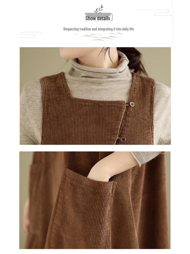 2025 Winter Women's Long Loose Fit Washed Cotton Corduroy Skirt with Square Neck and Slit, Stylish and Slimming Design