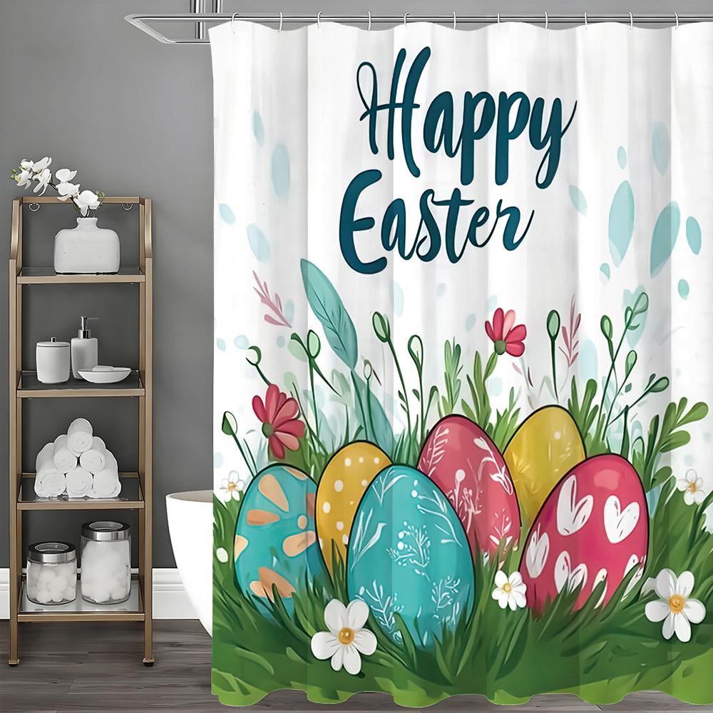 Happy Easter Eggs Floral Shower Curtain, Bathroom Decorative Shower Curtain, Waterproof Shower Curtain with Hooks