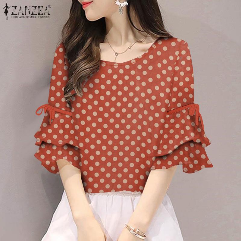 ZANZEA Womens Summer Flare Half Sleeve Polka Dot Print Blouse