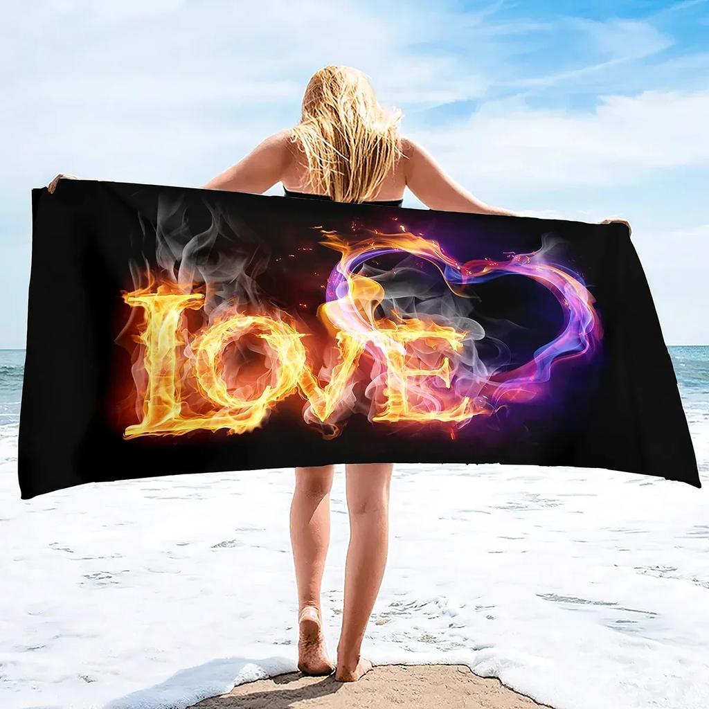 Valentines' Day Beach Towel,Microfiber Pink Fire Bath Towel Oversized,Water Absorbent Towels for Bathroom,Love Heart Bath Towels