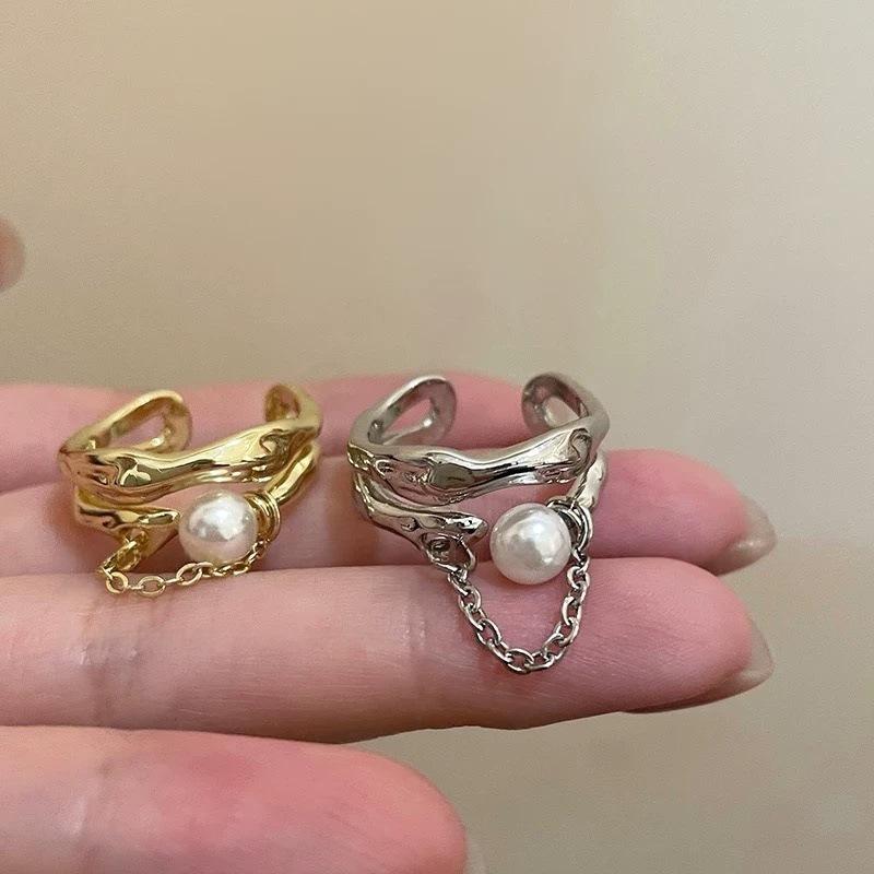 Double-Layer Pearl Chain Tassel Fashion Metal Ring for Women Exaggerated Gold Silver Color Geometric Finger Ring  Gifts