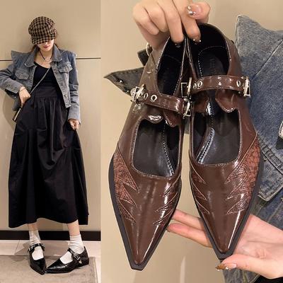 Modne buty damskie na wiosnę z ostrym czubkiem, pojedyncze, z paskiem z prostą klamrą, płytkie, na niskim obcasie, zmysł designu, obcas blokowy, małe skórzane buty