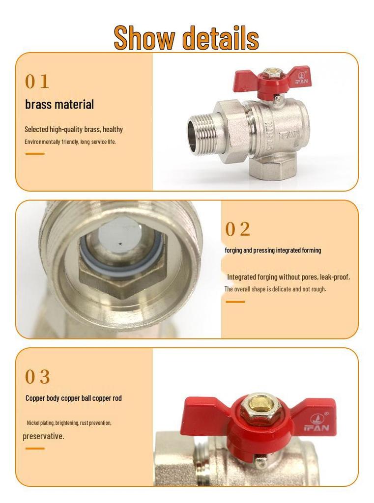 Copper Ball Valve DN15 - Internal/External Thread, 4/6 Inch Floor Heating Manifold, Union Brass Valve