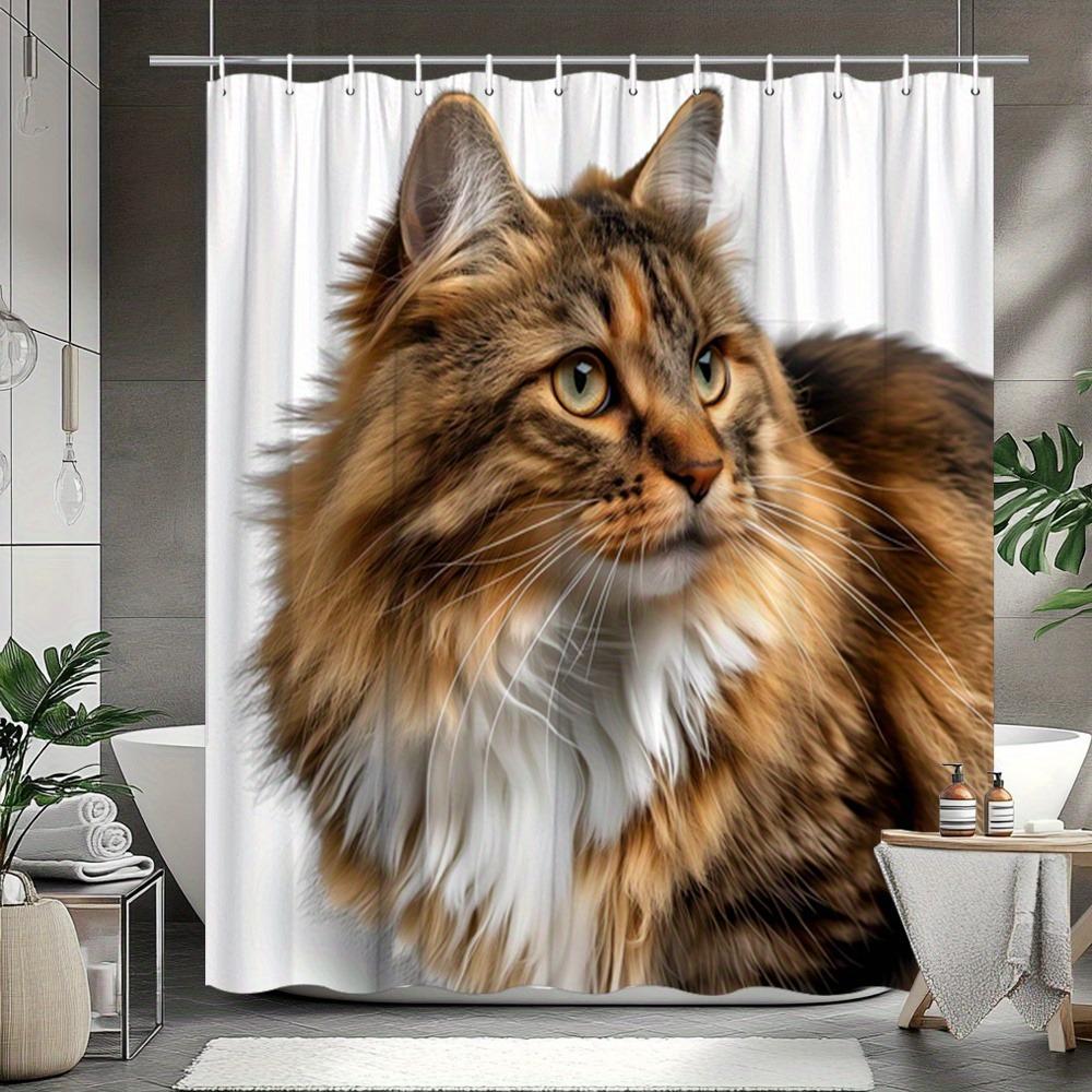 

A Fluffy Long-Haired Cat Washable Dirt-Resistant Shower Curtain Shower Head Waterproof Polyester Bath Curtain For Home Decor W60H190(CM)-1 Pcs