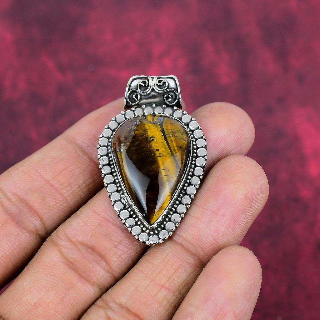 Tiger's Eye 925 Solid Sterling Silver Pendant, Handmade Gemstone Pendant, Gift For Mom Antique Jewelry