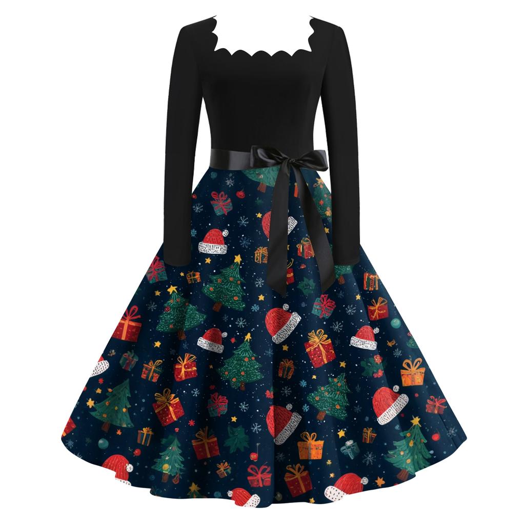 Women's Fashion Retro Long-sleeved Square Collar Christmas Printed Evening Dress