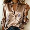 Women Satin Solid Base Ink Wash Orchid Print Shirt Long Sleeve Lapel Button‑Down Blouse Elegant Office Casual Ladies Multi‑Color Top