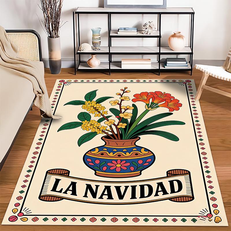 Blumenvase Druck Teppich mit "La Navidad" Text und festlichem Design Geeignet für den Einsatz als Anti-Rutsch für Wohnzimmer Schlafzimmer Sofas