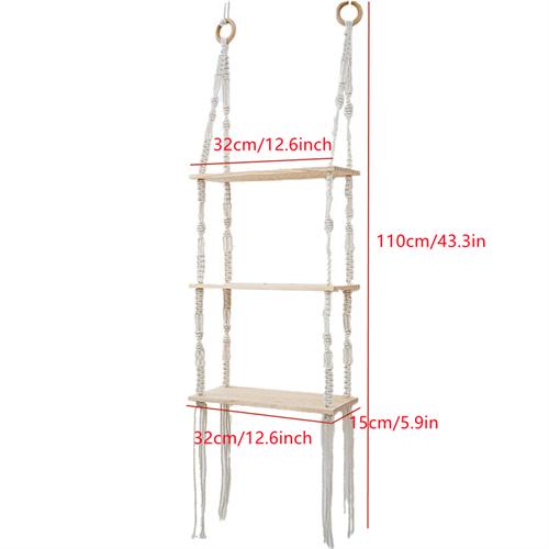 Macrame Shelf Wall Hanging Wood Floating Shelf with Woven Rope Rustic Storage Organizer 3 Tier Rack Boho Decor for Living Room