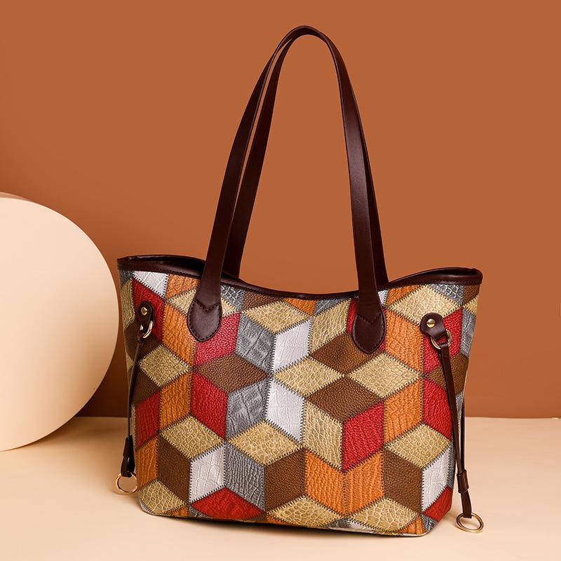 Cross-Border Patchwork Color-Block Tote: Large Capacity 3D Handbag for Moms