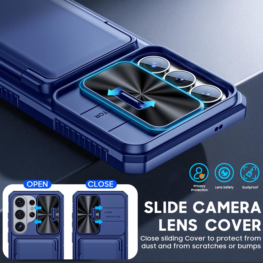 Pouzdro na telefon Samsung Galaxy S26 Ultra s držákem na karty, posuvným krytem fotoaparátu a stojánkem, protipádové pouzdro-peněženka z PC+TPU - Modrá