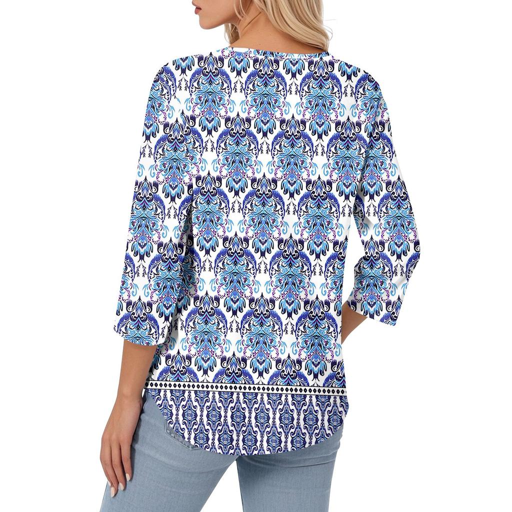 Women's Fashion Seven Sleeve Top Round Neck Pleated Casual Printed Top