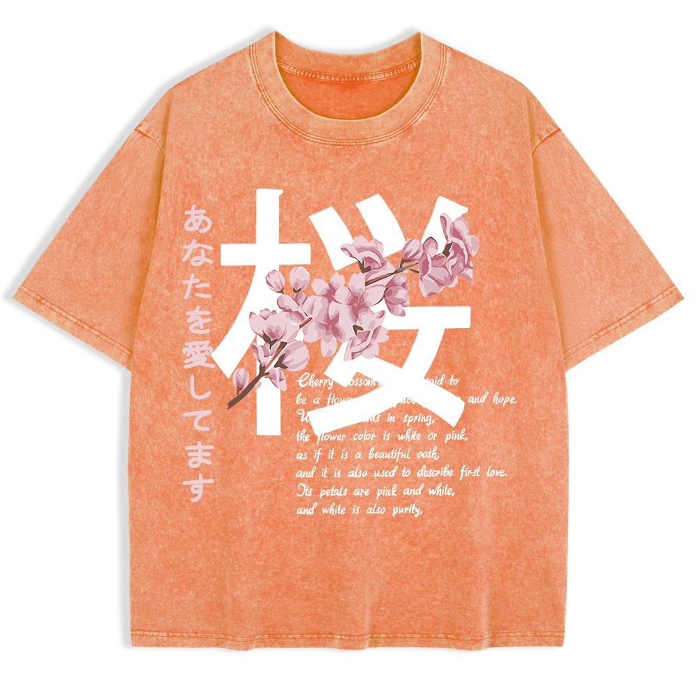 Japan Kirschblüten Aufdruck Gewaschene T-Shirts Herren Baumwolle Kurzarm Oberteile Sommer Rundhals Oversize T-Shirts Basic Kleidung