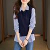 New Blue Stripe Splicing Fake Two Piece Shirt for Women with a Casual Design Long Sleeved Shirt Top