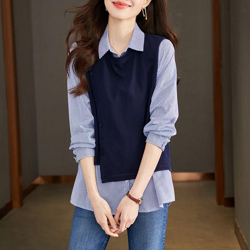 New Blue Stripe Splicing Fake Two Piece Shirt for Women with a Casual Design Long Sleeved Shirt Top