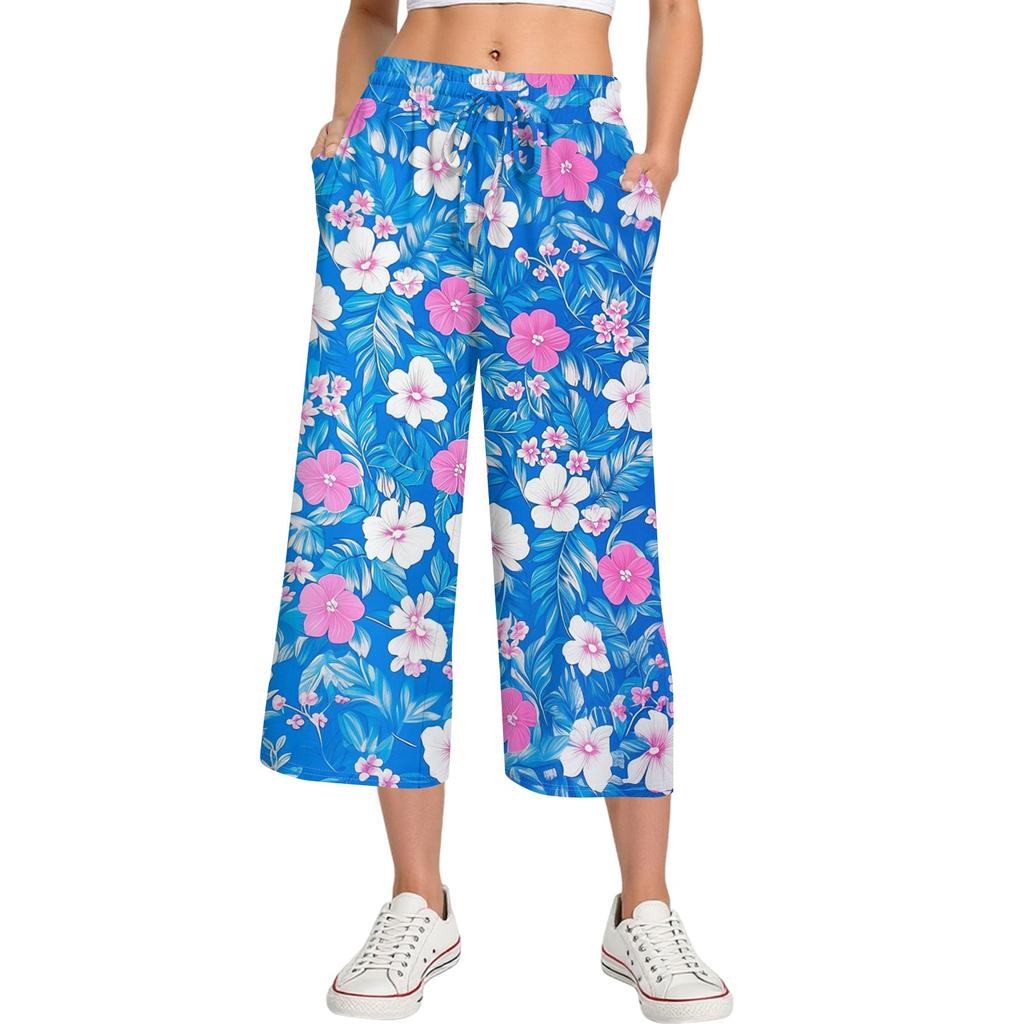 Damen Sommer Hohe Taille Bedruckte Freizeit-Sportbekleidung Lässige Cropped-Hose Weite Hose