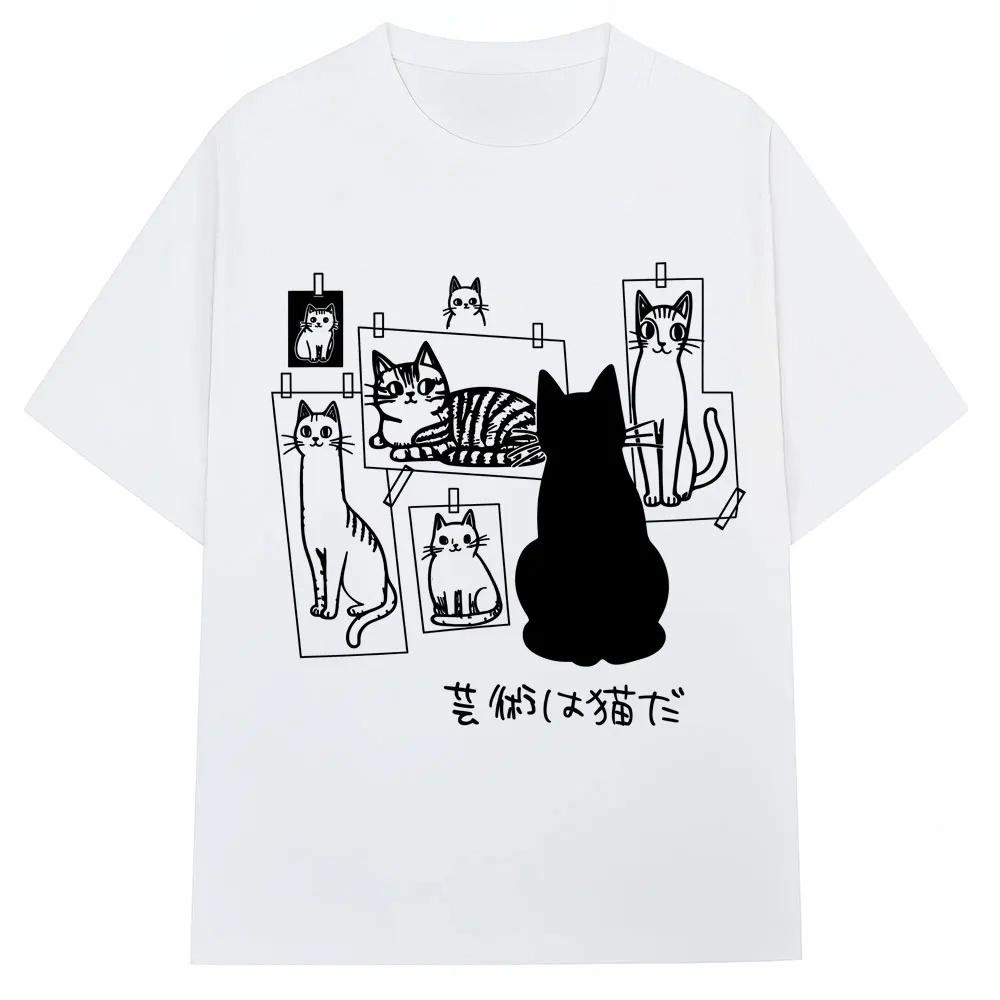 Women Summer Japanese Style Funny Black Cat Anime Print Fashion Vintage Harajuku Casual O Neck Short Sleeve Tee Tops