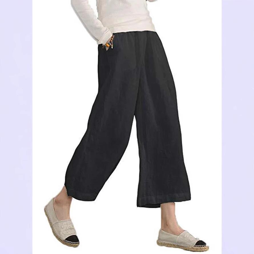 2Women's Linen Cotton Elastic Waist Wide Leg Casual Pants