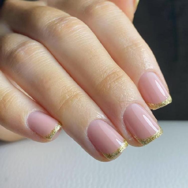 24 Pcs Short Square Acrylic Nail Simple Full Cover Stick On Nail French Tip Press On Nail Glittering False Nail