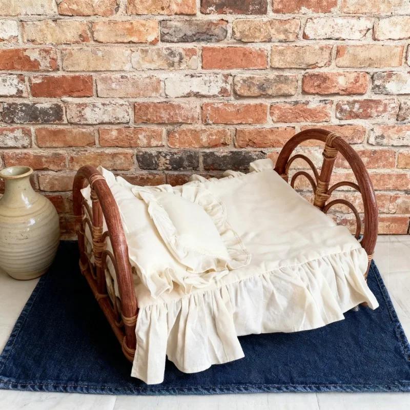 1pc Handmade Vintage Rattan Posing Bed Infant Photography Prop Studio Photo Background Accessory Baby Boy Girl Photo Shoot Tool