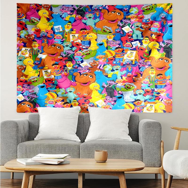 1PC Colorful Sesame Muppets Together Tapestry Accessories Playroom Tapestry, for Bedroom,Livingroom, dormitory Room Wall Decor Fan Birthday Gifts