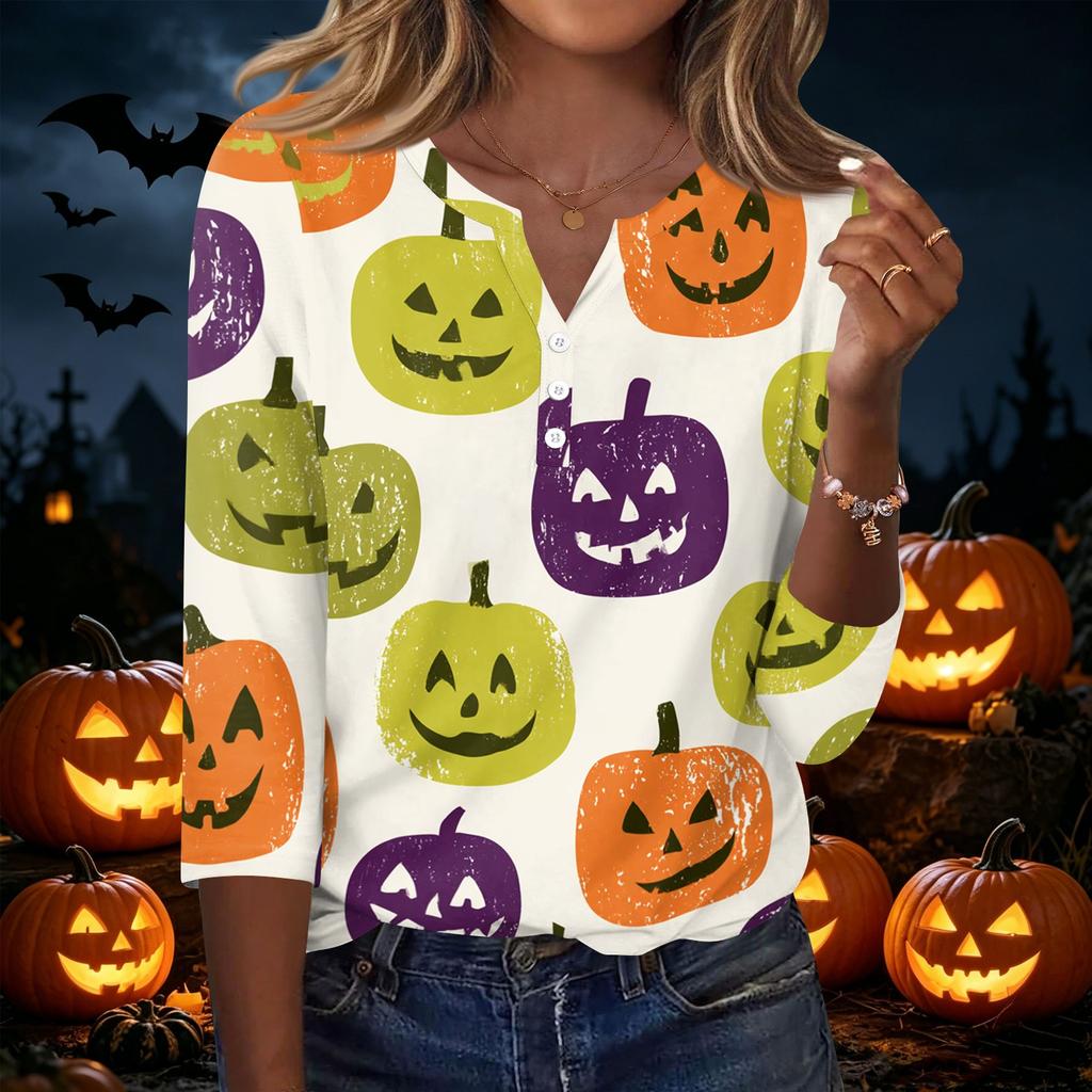 Women's Casual V Neck Button Front Halloween Print T Shirt Three Quarter Sleeve Top Lightweight Soft Fabric Comfortable Fit