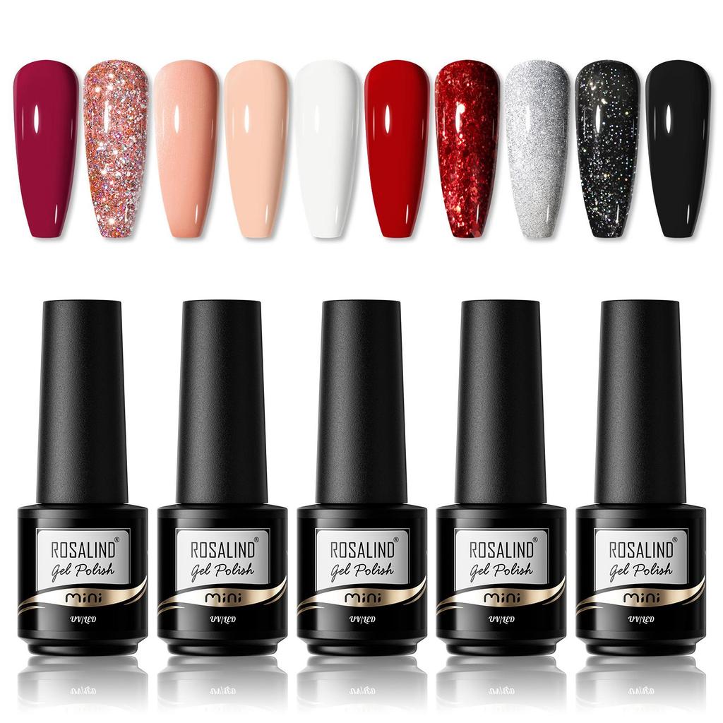 ROSALIND 10PCS Gel Nail Polish Set Solid Color Refers To Gel Topcoat and Primer Polish Set UV LED Nail Art Supplies.