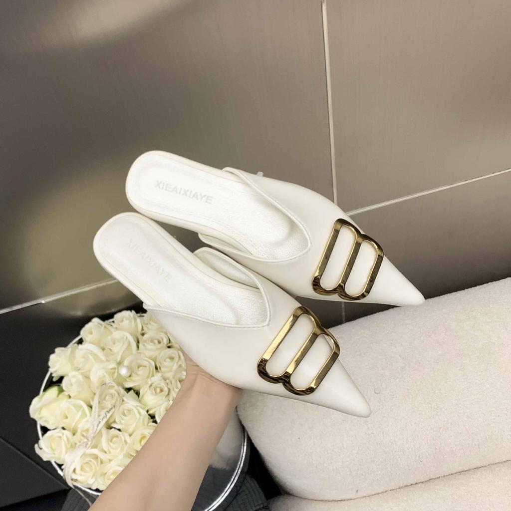 Baotou half slippers women's outer wear 2025 summer new metal buckle pointed fashion sandals flat slippers