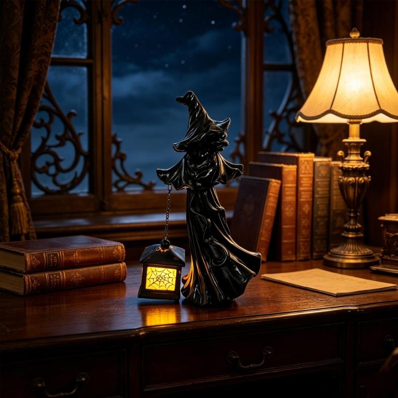 Witches Lamp Gothics Decors,Witches Table Lamp with LED Lantern,Unique Night Lights for Bedroom Desk Halloween Home Decors
