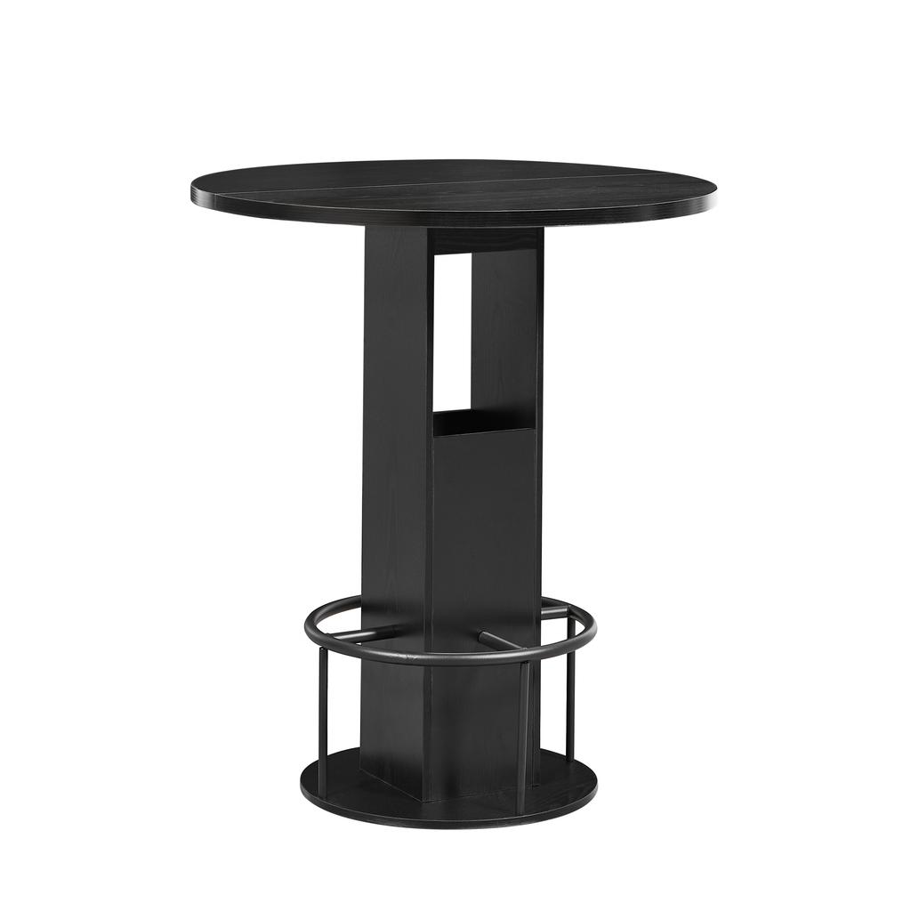 3-Piece Bar Table and Stool Set, 31.5-Inch Round Table with Two Stools, Wood Dining Table with Ring-Shaped Metal Footrest, Black