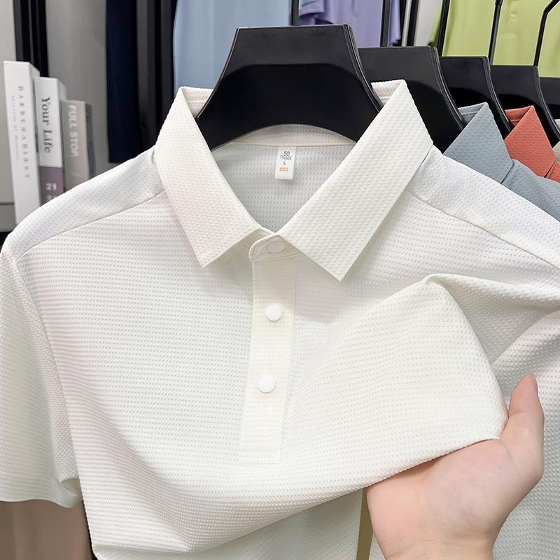 

Men s Seamless Ice Silk Short Sleeve Polo Shirt - High-End Stretch Nylon Spandex Summer Top with Turn-Down Collar 3XL белый