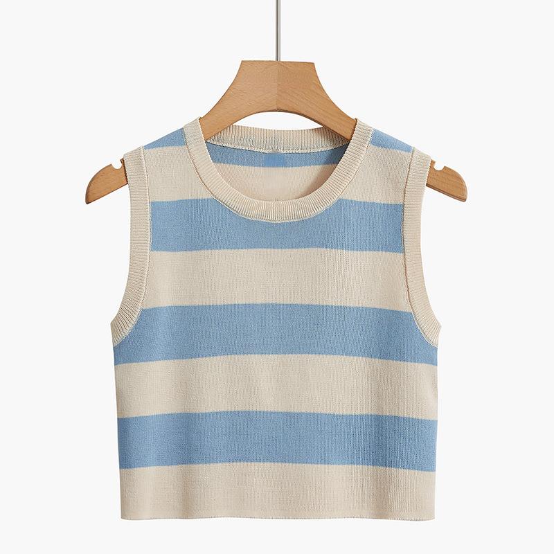 Sexy ribbestrikket tanktopp for kvinner Sommerstriper o-hals Ermeløse beskjæringsoverdeler Street Vintage koreansk moteskjortevest Y2K-klær