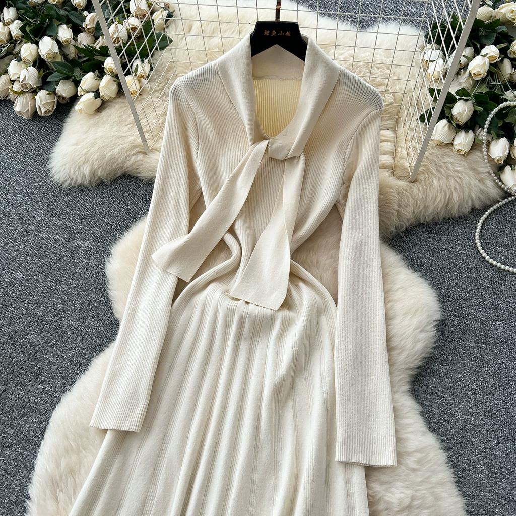 Autumn Winter Women Elegant Bowtie Collar Knitted Office Work Midi Sweater Dress