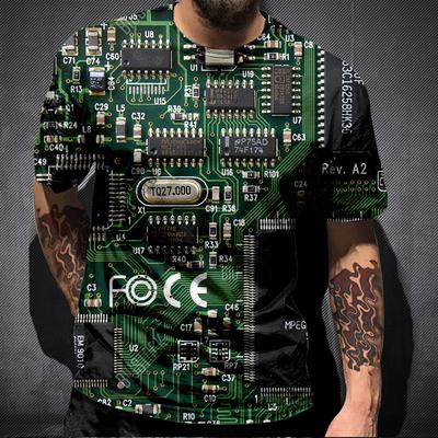 Summer Round Neck Circuit Board Pattern 3D Print Top Fashionable Casual Short Sleeved Men's T-shirts
