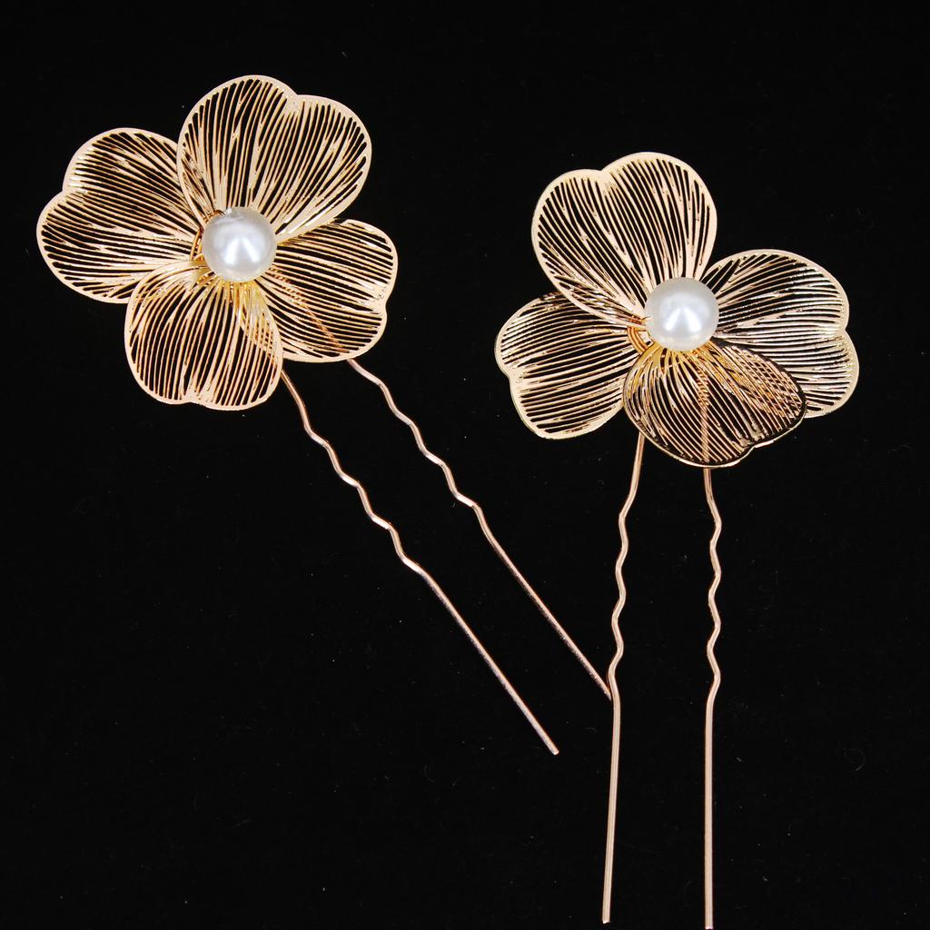 Handmade Pearl Flower Hairpin Gold Color Leaf Shaped Metal Wedding Bride Hair Clips Hair Jewelry Accessories Bride Hair Wear