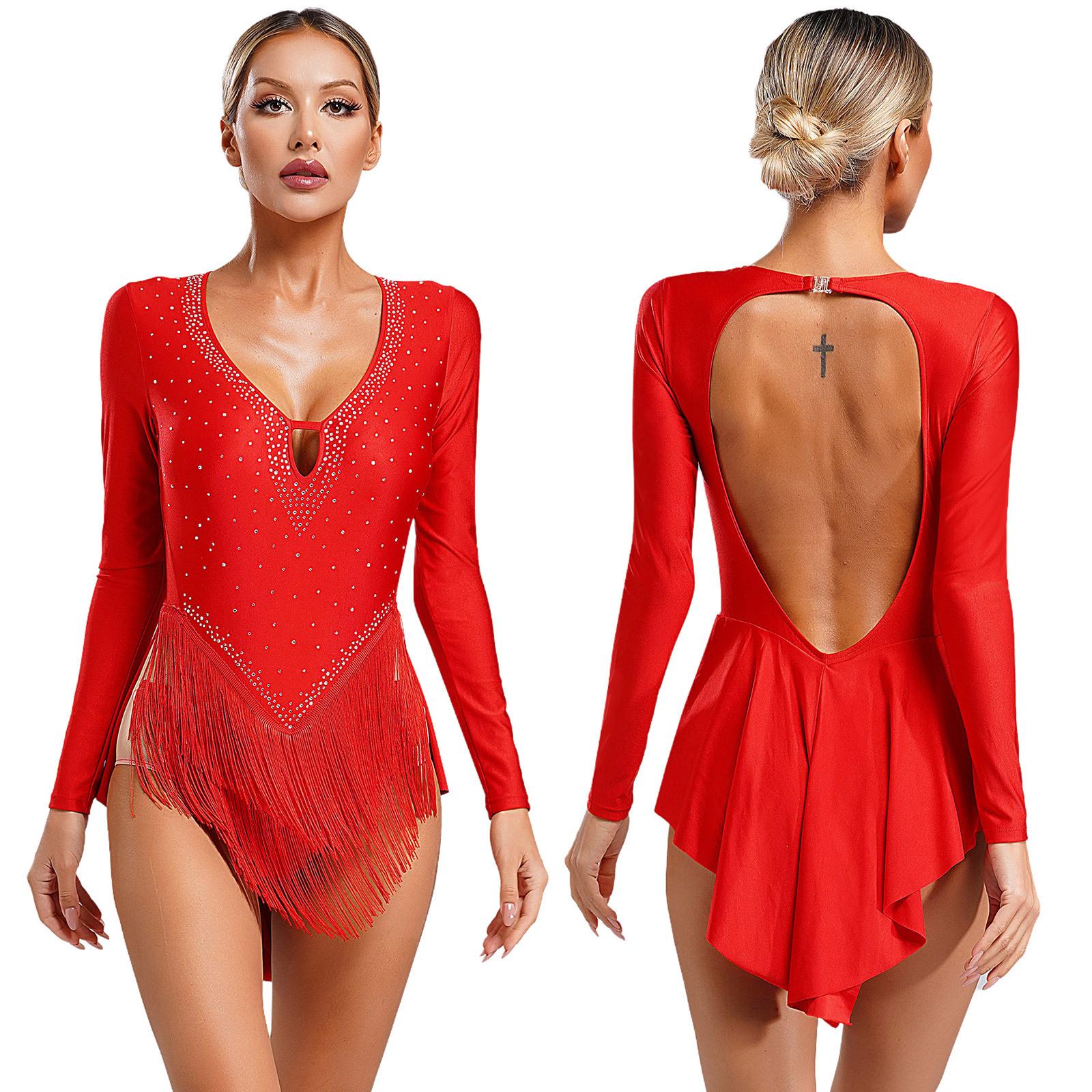 

Женский балетный купальник со стразами и кисточками для латиноамериканских танцев, танго, сальсы, джаза, профессиональный танцевальный костюм с глубоким V-образным вырезом и открытой спиной S красный