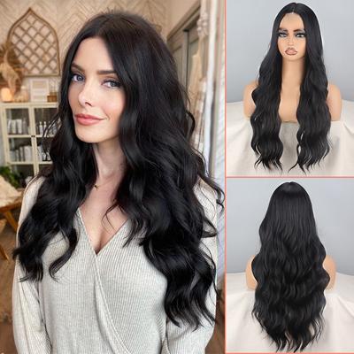 Natürliche schwarze gewellte Perücke für Frauen ohne Pony, synthetische Faser, natürliche gewellte Lace-Front-Perücke, Cosplay, Alltagskleidung
