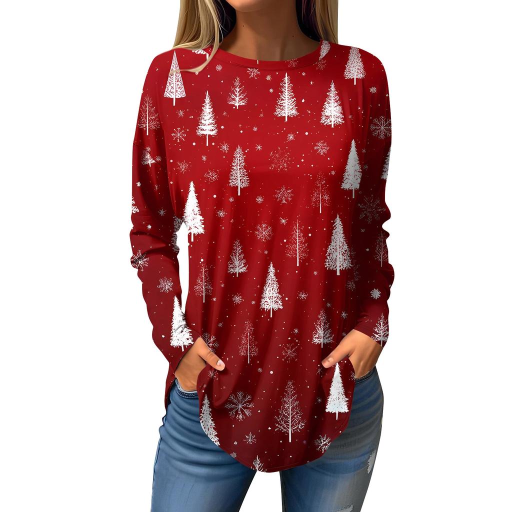 Women's Loose Round Neck Christmas Print Long Sleeve T-Shirt Top Pullover