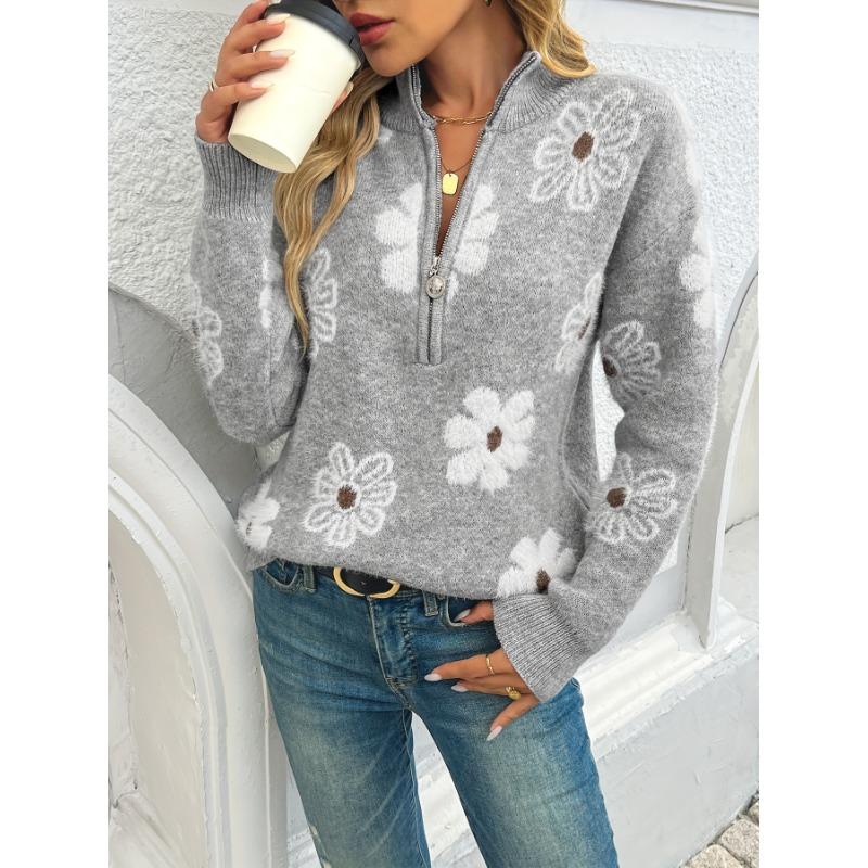 Floral Pattern Half-zip Sweater - European and American Style with Dropped Shoulders