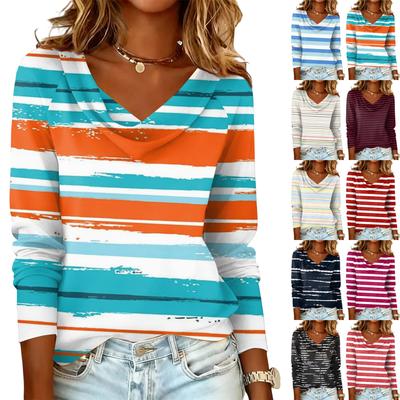 Ladies' Striped Printed Casual and Fashionable Long Sleeved Pullover Top