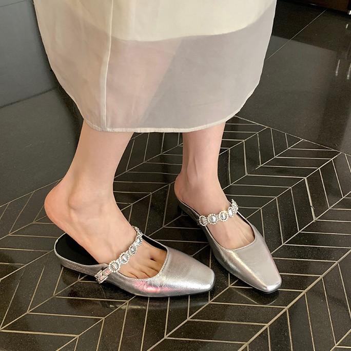 Inner heightening version~ Leather silver thick-bottomed bag head slippers women's rhinestone word with slope heel sandals Muller half slippers
