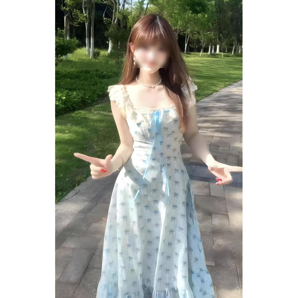 Sweet blue floral suspender versatile lace lace waist long dress dress women's summer new