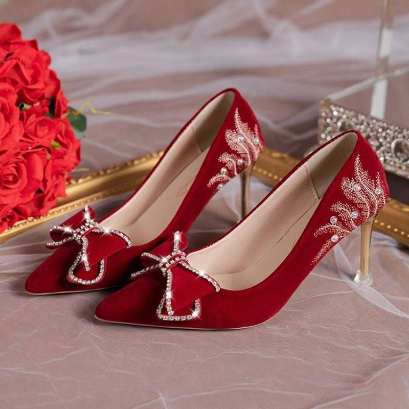 Dámské svatební boty Nové Kamínková mašle Červené Svatební Dámské Vysoký podpatek Špičatá špička Nazouvací lodičky Nude boty