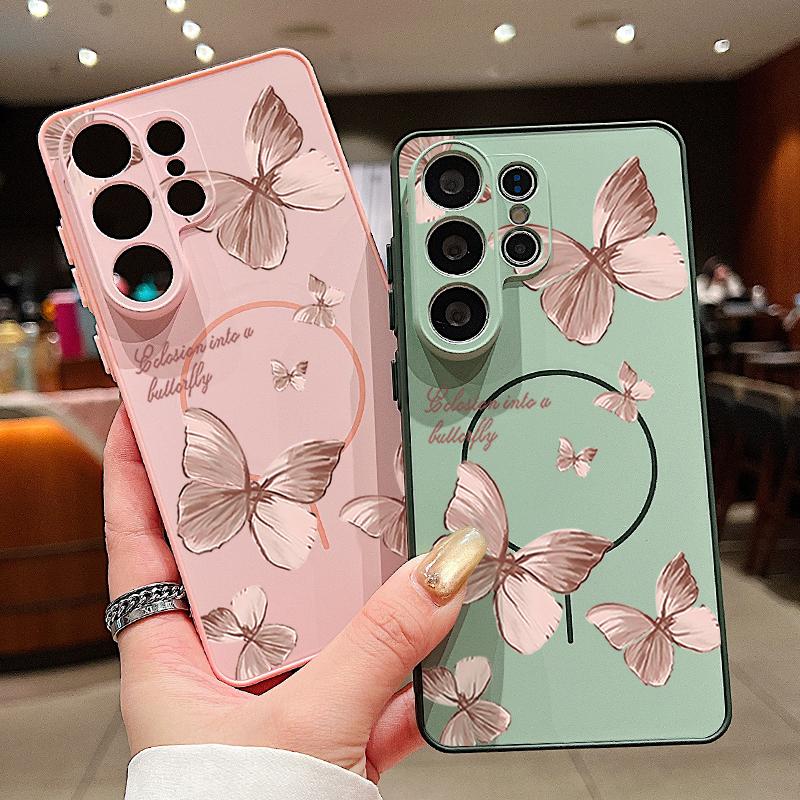 Bowknots Butterfly Pattern Case For Samsung Galaxy S26 Ultra S25 Edge S24 Plus S23 FE S22 A54 A55 A56 5G Magnetic For Magsafe Matte Cover